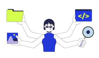 Multitasking woman programmer 2D cartoon character. Managing tasks. Multi hands korean female coding computer engineer isolated person flat on white background. Spot illustration colorful vector