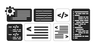 Software development programming interface black and white 2D line objects set. Code visualization. Brackets slash isolated clip arts outline items collection. Monochrome spot illustrations vector