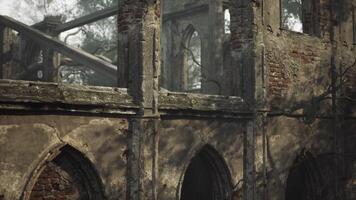 Ruined historic structure surrounded by trees in a misty atmosphere video