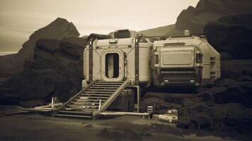 Colonist base on a distant planet surrounded by rocky terrain at dusk video
