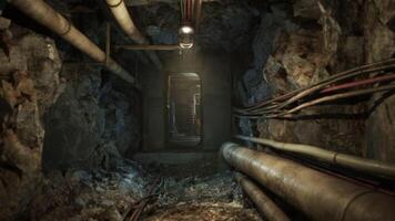 Exploring the dimly lit corridors of an underground bunker with exposed pipes video