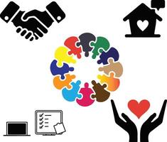 a set of icons in a silhouette style, each representing concepts of society, teamwork vector