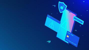 Mobile fraud warning alert, phone scam, malware spreading and online warning concept with 3d smartphone, shield and credit card on dark blue vector