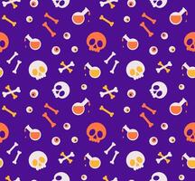 Spooky Halloween Seamless Pattern with skull, bones, bottle of poison and eyes on violet background. vector