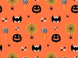 Spooky Halloween Seamless Pattern with pumpkin, bones bat, spider and spiderweb on orange background. vector