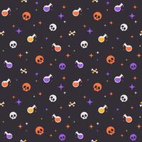 Spooky Halloween Seamless Pattern with skull, bones, bottle of poison and stars on black background. vector