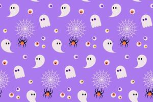 Cute Halloween Seamless Pattern with ghost, spider, spider web and eyes on purple background vector