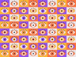 Trendy seamless pattern of strange abstract eyes on colorful geometric background. vector