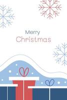 Merry Christmas. Gift boxes and snowflakes. Greeting card, poster, banner, invitation card. Flat illustration. vector