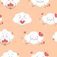 Seamless pattern with spring cute clouds characters with butterflies, flowers tulips, heart. Flat illustration vector
