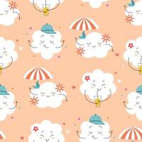 Seamless pattern with summer cute clouds characters with beach umbrella, lemonade, cap. Flat illustration vector