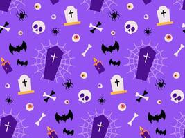 Spooky Halloween Seamless Pattern with coffin, tombstone, bat, skull, bones, spider web and eyes on violet background. vector