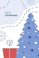 Merry Christmas. New Year tree and gift box. Greeting card, poster, banner, invitation card. Flat illustration. vector