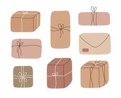 Set of gift boxes and presents, envelope with craft paper. Hand drawn flat illustration vector