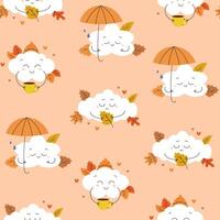 Seamless pattern with autumn cute clouds characters with coffee, hat, umbrella, leaves. Flat illustration vector