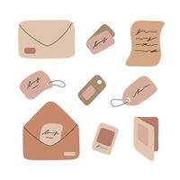 Set of envelopes, tags, letters, cards with craft paper. Hand drawn flat illustration vector