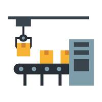 Industrial conveyor belt with three orange boxes and a mechanical arm, symbolizing automation and modern manufacturing. Ideal for technology, production, and efficiency themes vector