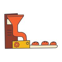 Stylized illustration of a factory machine with a large funnel and conveyor belt processing round objects, representing industrial manufacturing and production. vector