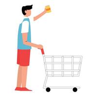 Simple flat style illustration of a young asian man with a shopping cart taking a can of product vector