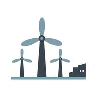 Three wind turbines of varying heights with a building in the background, symbolizing renewable energy and sustainability. Ideal for green energy, environmental, and industrial themes. vector