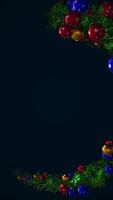 Christmas wreath decorated by multicolored shiny balls of different sizes. Animation. Christmas tree in the circle to copy space. Beautiful Christmas animated background video