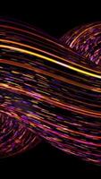 Abstract 3D spiral with neon moving lines on black background. Animation. Multicolored looped spiral with moving neon lines. Volumetric closed spiral with fast luminous lines video
