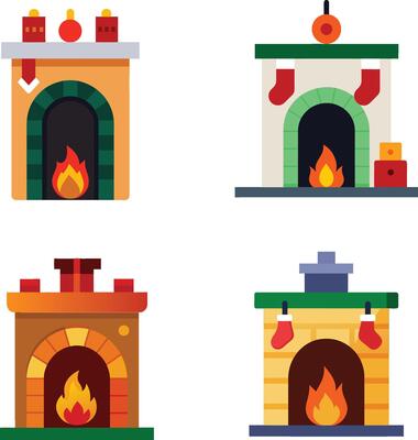 A Cozy fireplace with stockings hanging and a glow illustration