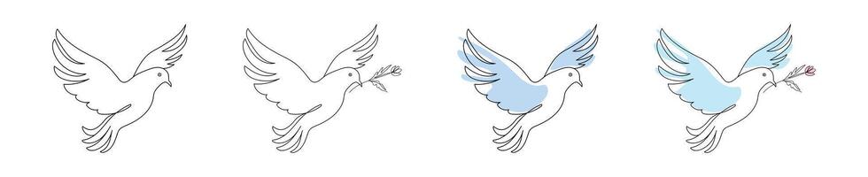 Set of Four Dove Illustrations with Flowers in Blue Tones on White Background. Pigeons in flight. Concept of Peace, Love, Minimalist Style, Decorative Art, freedom, hope. Print, Icon, Design Element vector