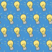 Seamless Pattern of Glowing Light Bulbs on Blue Background. Concept of Innovation, Bright Ideas, Creativity, Electrical Design. Art, Decoration, graphic design, inspiration symbol. Background vector