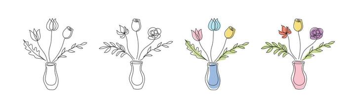 Set of bouquets of flowers isolated on a white background. Minimalist floral art with tulips and roses in vases. Continuous one-line drawing. Line art. Colored and black outline illustrations vector
