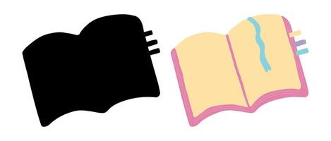 Set of two open notebooks in color and black silhouette isolated on white background. Concept of school supplies, note-taking, and minimalist stationery design. Design elements vector