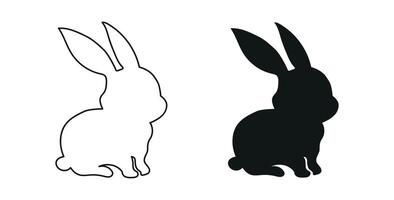 Set of Black Silhouette and Outline of Sitting Rabbits Isolated on a White Background. Cute Bunny or Hare. Concept of Animal Illustration, Minimalist Design, Easter Theme, Icon, Logo, Design Element vector