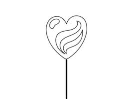 Black outline of a heart-shaped lollipop illustration isolated on a white background. Concept of candy design, sweet treat, simple line art. Perfect for prints, design elements vector