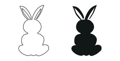 Set of Black Silhouette and Outline of Toy Rabbits Isolated on White Background. Easter Bunny. Cute hare. Concept of Toy Animal, Pet Illustration, Minimalist Style. Design Element, Icon, Print, Logo vector