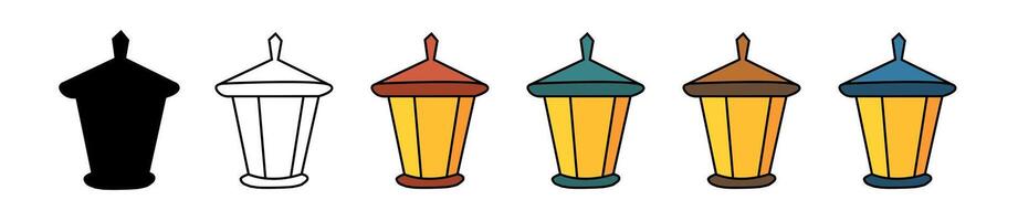Set of lanterns isolated on white background. Black silhouette, outline, and colored versions. Concept of lighting design, vintage decor, hand-drawn art, street lanterns. Design elements vector