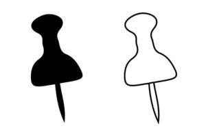 Set of Pushpins Isolated on White Background. Black Silhouette and Outline versions. Concept of Office Supplies, Minimalist Design, Stationery, Simple Icon, thumbtack. Print. Design elements vector