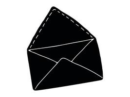 Black Silhouette Drawing of Open Envelope isolated on white background. Concept of Mail Icon, Postal Service, Communication, Hand-Drawn Art. Design Element for Stationery, Invitations, Business vector
