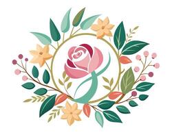 A rose is surrounded by flowers and leaves vector