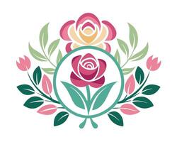 A rose is in the center of a circle with leaves vector