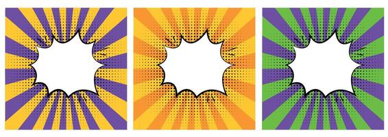 Colorful comic background set with halftone patterns and blank speech bubbles in vibrant pop art style. Vintage superheroes comics poster backdrop, halftone texture and superhero backgrounds vector