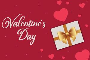 Minimalistic Valentine's Day greeting card with golden gift bow and hearts on a red background. Festive concept for background, greeting card, website and mobile website banner, social media banner. vector