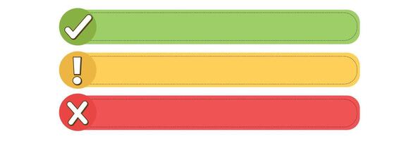 Colorful template with check mark, exclamation point, and cross symbols for information, instructions, answer description, cells on white background. Set of flat, round check mark, exclamation point vector