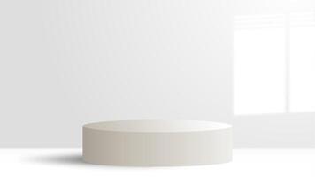 Aesthetic white cylindrical podium with window shadow on a white background. Clean product stage display vector