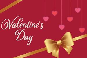 Minimalistic greeting card Valentine's Day with hearts and golden bow design on a red background. Festive concept for background, greeting card, website, mobile website banner, social media. vector