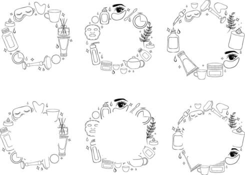 cosmetics line set of round frames. Round templates with doodle elements. Can be used for greeting card, poster and banner design. vector
