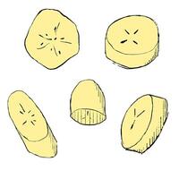 Slices of flying ripe banana yellow color illustration. Tropical banana unpeeled pieces falling down in cartoon graphic style, isolated vector