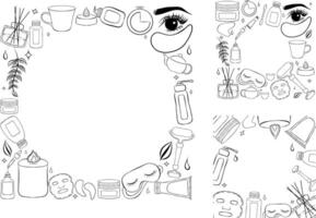 skincare routine tools template set of frames. line frame circle with hand drawn illustrations of aroma diffuser, serum, sleeping mask, candle, eye patch, mug, cream and other cosmetics. vector
