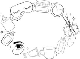 Asian skin care products such as - Facial Oil, Cleansing Foam, Sheet Mask, Serum, Moisturizer, Eye Cream, Night Cream,candle, diffuser, roller. Frame oval line vector