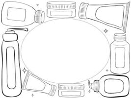 Korean cosmetics. K-beauty monochrome oval frame with hand draw doodle background. illustration vector