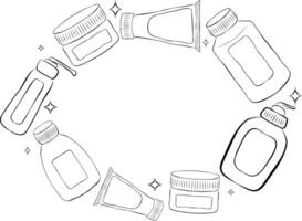 Cosmetic jars, bottles in oval frame . Hand drawn line illustration with graphic in black and white ink. Round template wreath vector
